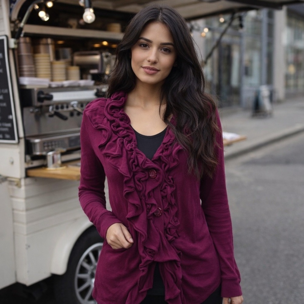 Moth Anthropologie Ruffle Front Cardigan Magenta Cotton Cashmere Small